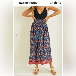 Natalie Martin Blue Floral Midi Skirt with Pink Border